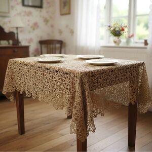 Vintage Handmade Intricate Lace Crocheted Tablecloth 60”x72” Tan Scalloped